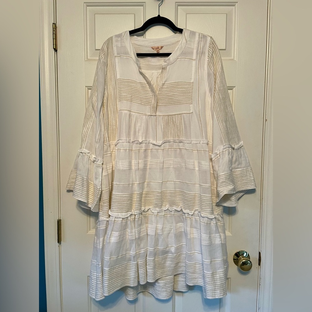 Esqualo White and Gold Layered Ruffle Dress Long Sleeve, Size 14